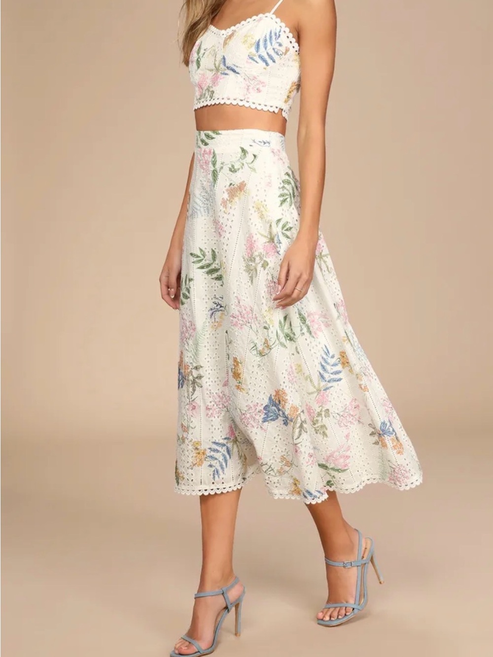 Lulu's White Eyelet Midi Skirt + Top Set with Pastel Floral Print
